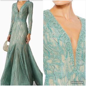 Mac Duggal 79291 Womens Green BEADED ILLUSION LONG SLEEVE PLUNGE NECK GOWN